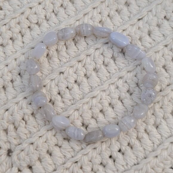 Blue Lace Agate Gemstone Bracelet | 8-12mm Tumbled Crystal Stretch Jewelry - Picture 5 of 7